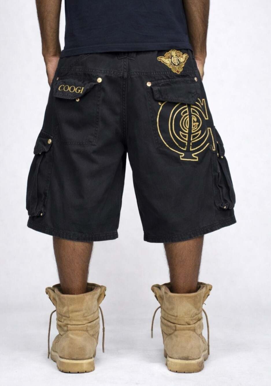 Vintage COOGI Black Embroidered Gold Logo Cargo Short JNCO Style 36